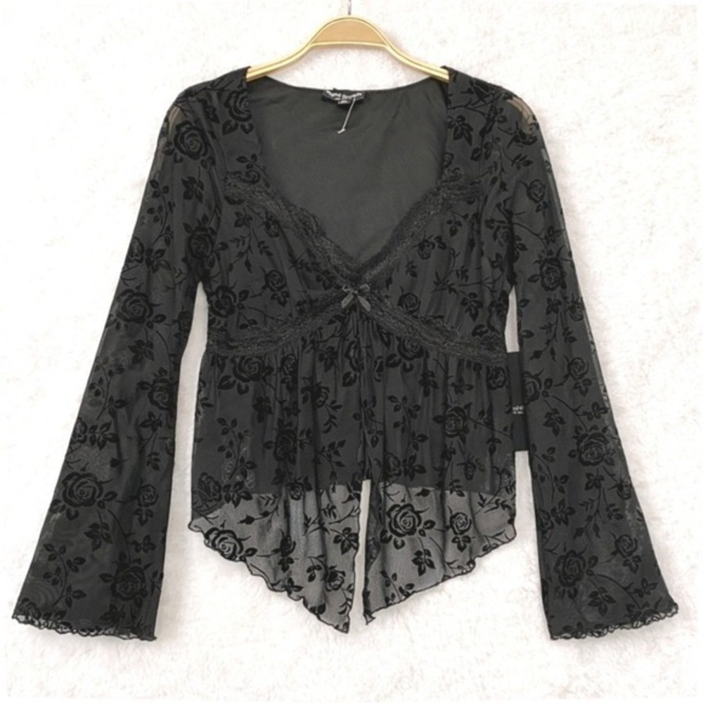 Mixed Threads Whimsigoth Burnout Velvet Floral Top Women S Black Bell Sleeve NWT